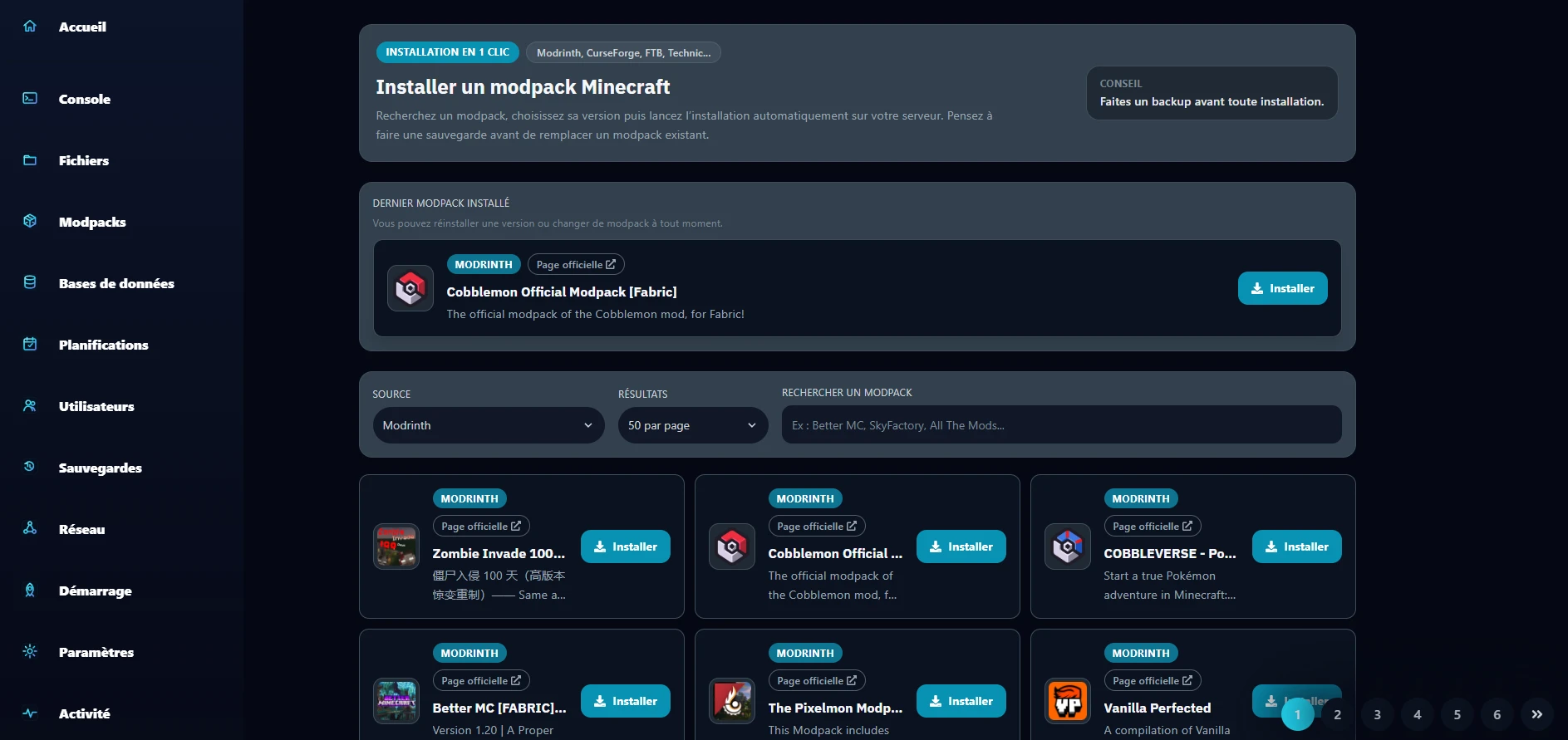 Capture du panel HostyPop avec installateur de mods et modpacks en 1 clic pour serveur Minecraft depuis l’interface de gestion